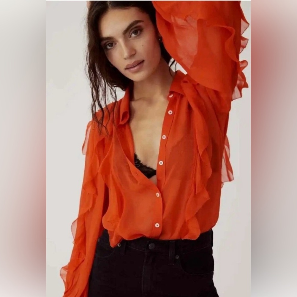 Anthropologie Vibrant Orange Ruffle Blouse S